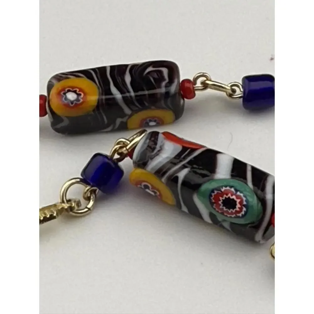 Art Deco Millefiori-Murano Glass Tube Bead Necklace| Gold Bar | Colorful - Picture 8 of 9
